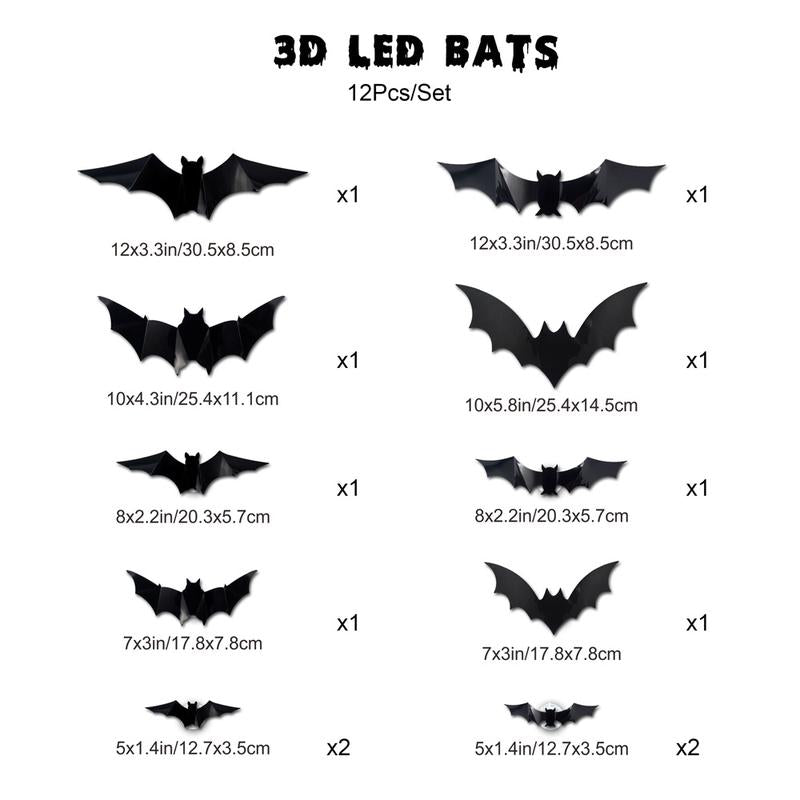 Bougerv 3D Bat Design LED Decorations 12Pcs/24Pcs Set Spooky Ornaments for Home Party Festival Halloween Easy Install Wall Stickers Smooth Application - Decorative（Non-Remote）