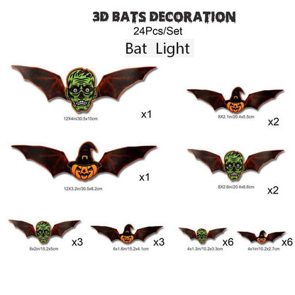 Bougerv 3D Bat Design LED Decorations 12Pcs/24Pcs Set Spooky Ornaments for Home Party Festival Halloween Easy Install Wall Stickers Smooth Application - Decorative（Non-Remote）