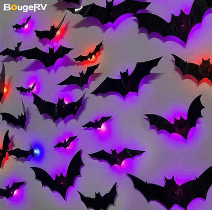 Bougerv 3D Bat Design LED Decorations 12Pcs/24Pcs Set Spooky Ornaments for Home Party Festival Halloween Easy Install Wall Stickers Smooth Application - Decorative（Non-Remote）