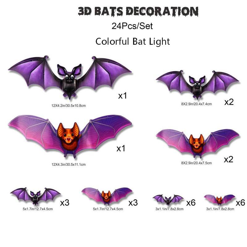 Bougerv 3D Bat Design LED Decorations 12Pcs/24Pcs Set Spooky Ornaments for Home Party Festival Halloween Easy Install Wall Stickers Smooth Application - Decorative（Non-Remote）
