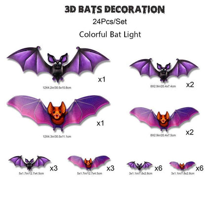 Bougerv 3D Bat Design LED Decorations 12Pcs/24Pcs Set Spooky Ornaments for Home Party Festival Halloween Easy Install Wall Stickers Smooth Application - Decorative（Non-Remote）