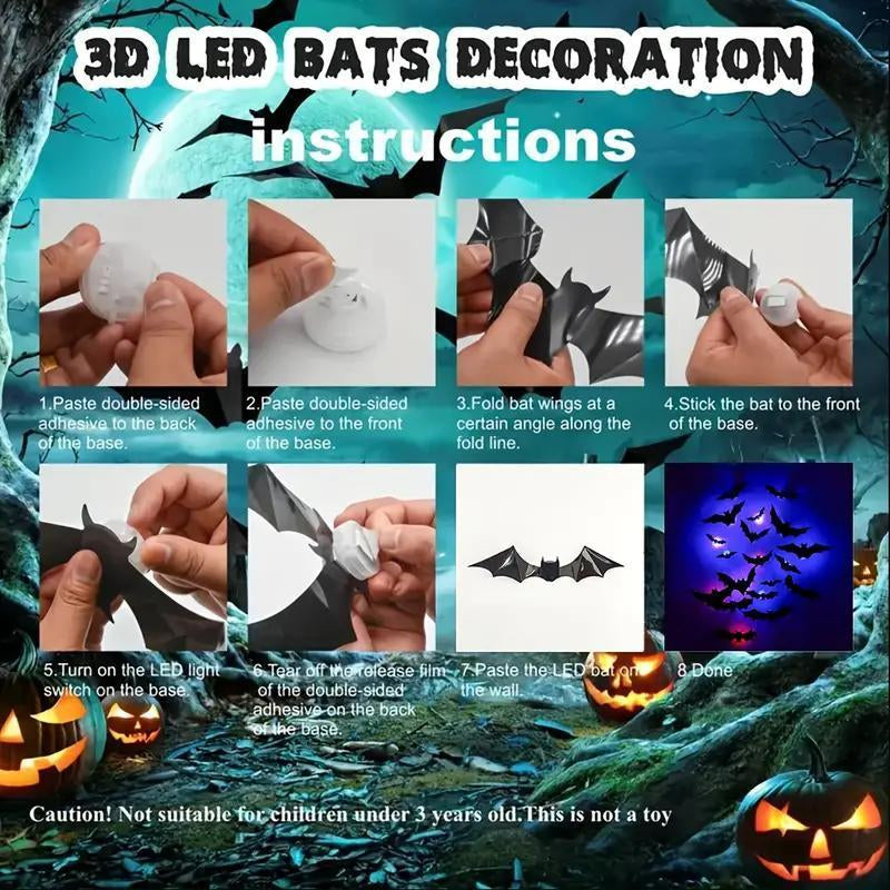 Bougerv 3D Bat Design LED Decorations 12Pcs/24Pcs Set Spooky Ornaments for Home Party Festival Halloween Easy Install Wall Stickers Smooth Application - Decorative（Non-Remote）